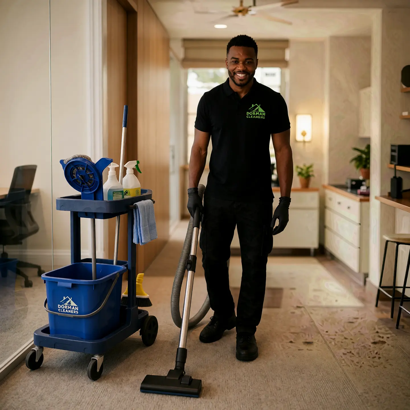 Dorman Cleaners cleaner with equipment outside a London home