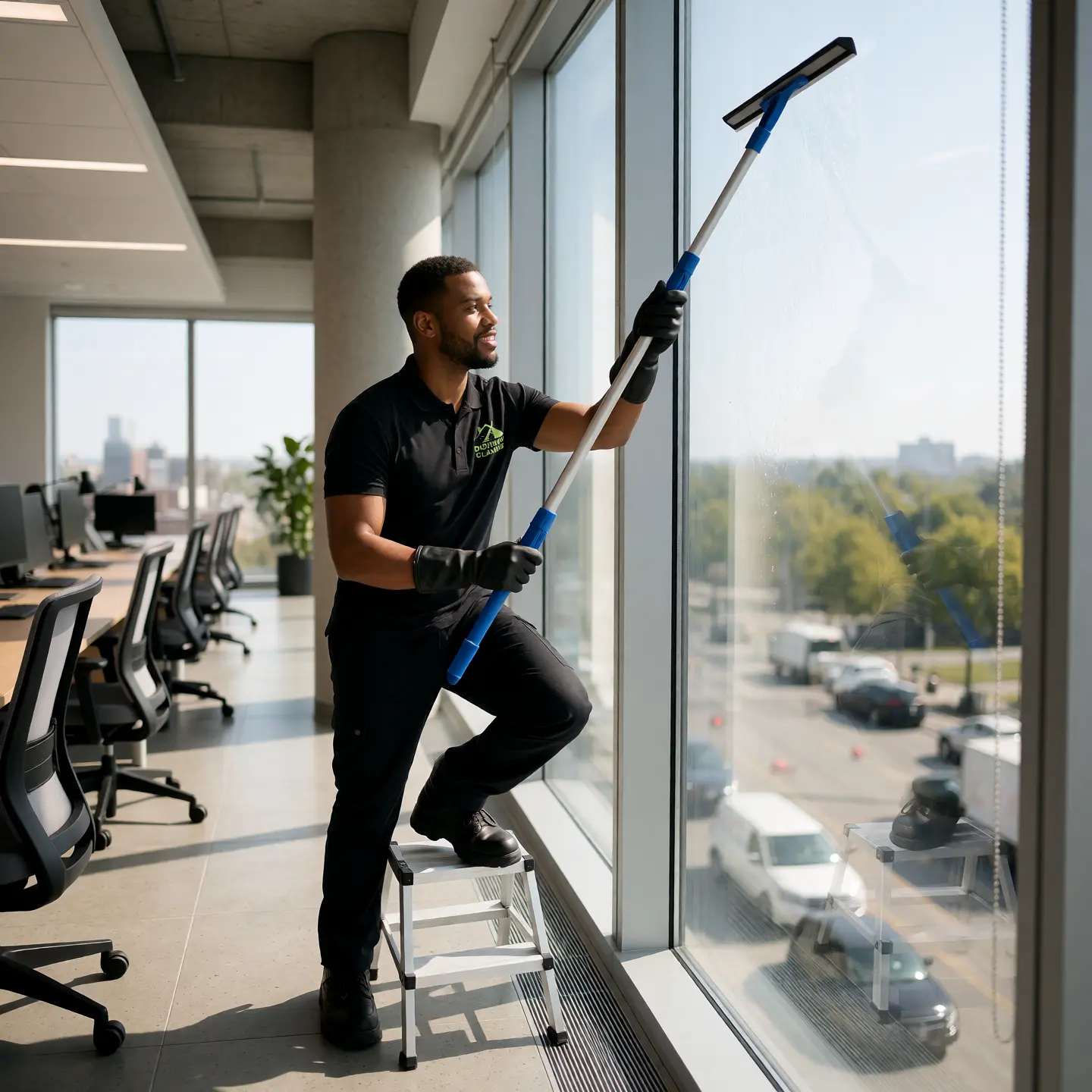 Dorman Cleaners window cleaner polishing exterior glass in London
