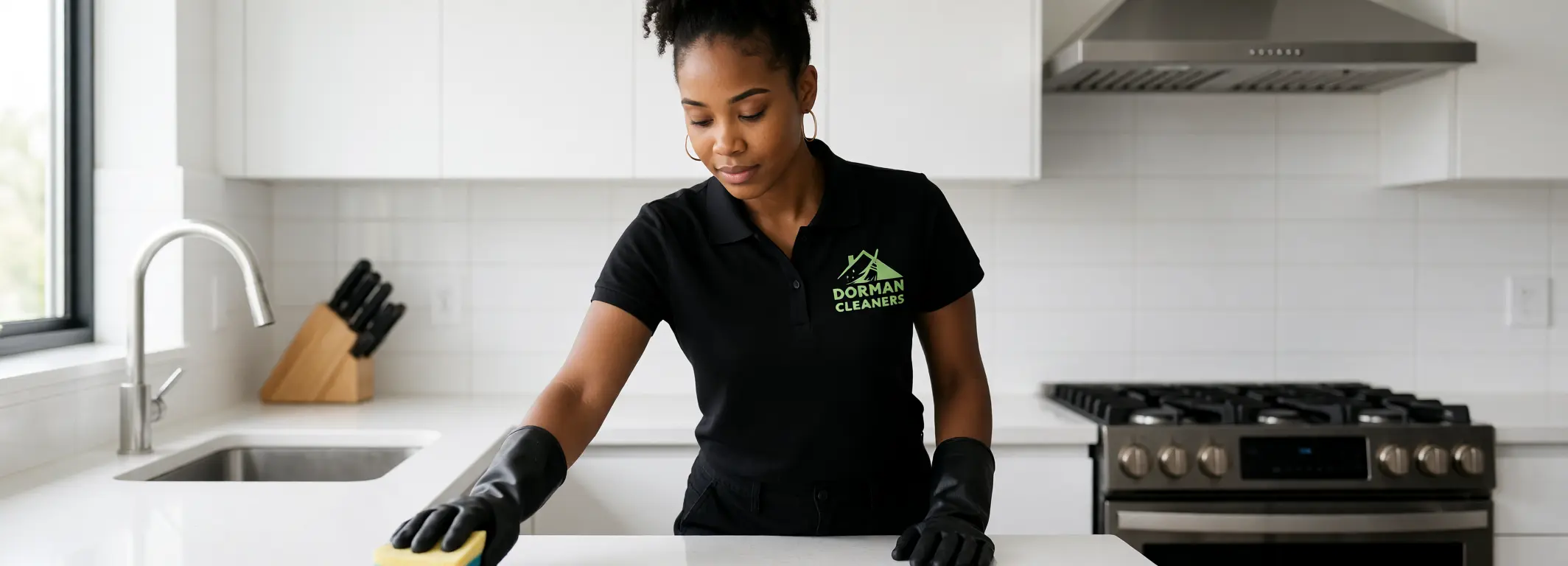 Dorman Cleaners wiping down a kitchen in a London home while preparing to clean