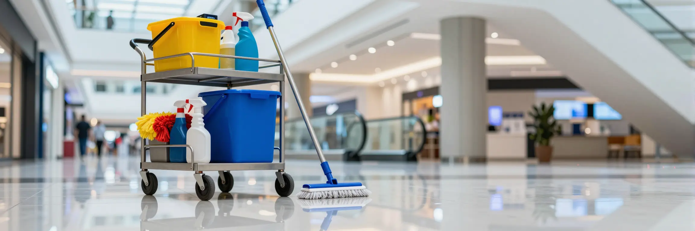 Packaged commercial cleaning cart in a shopping mall