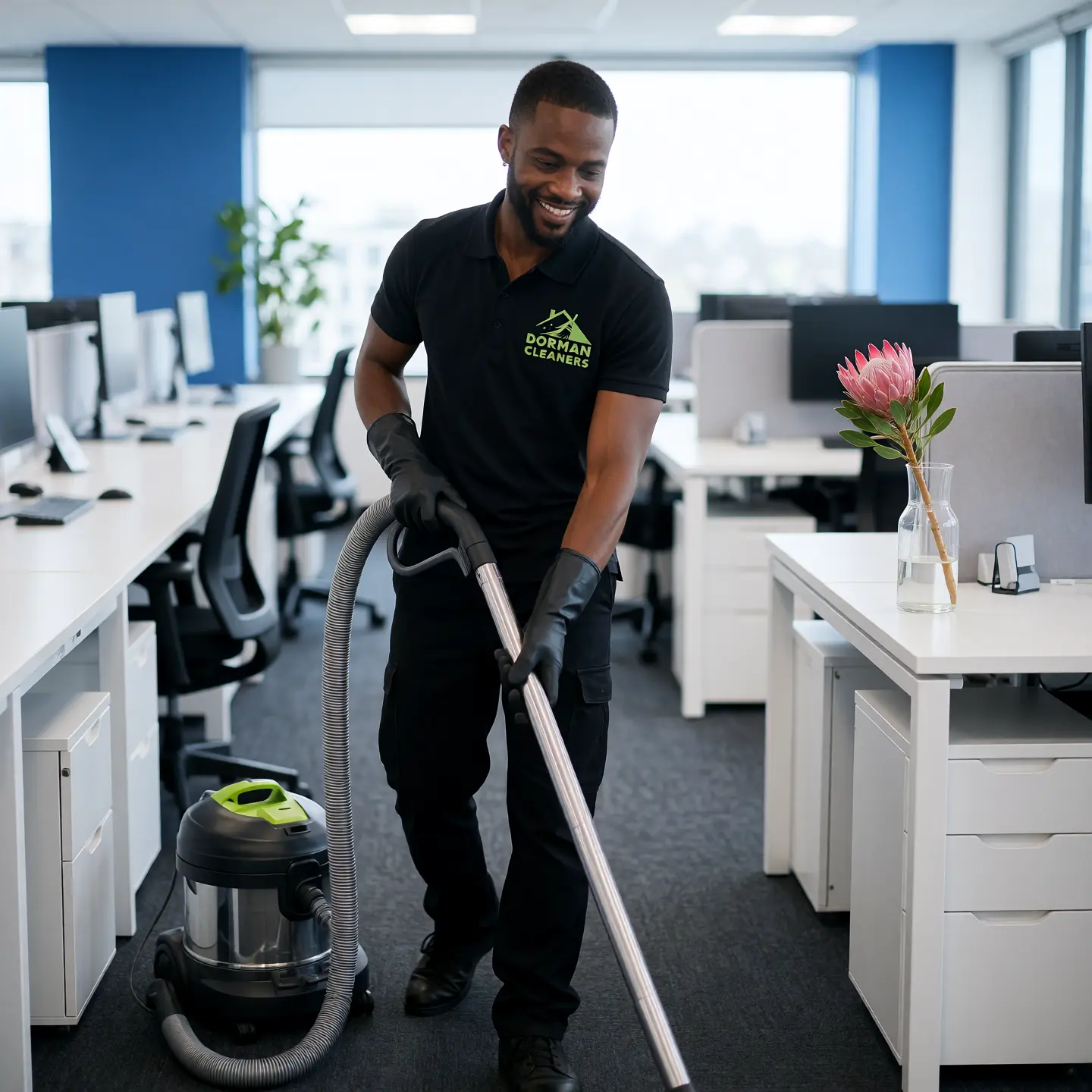 Dorman Cleaners professional vacuuming an office in London