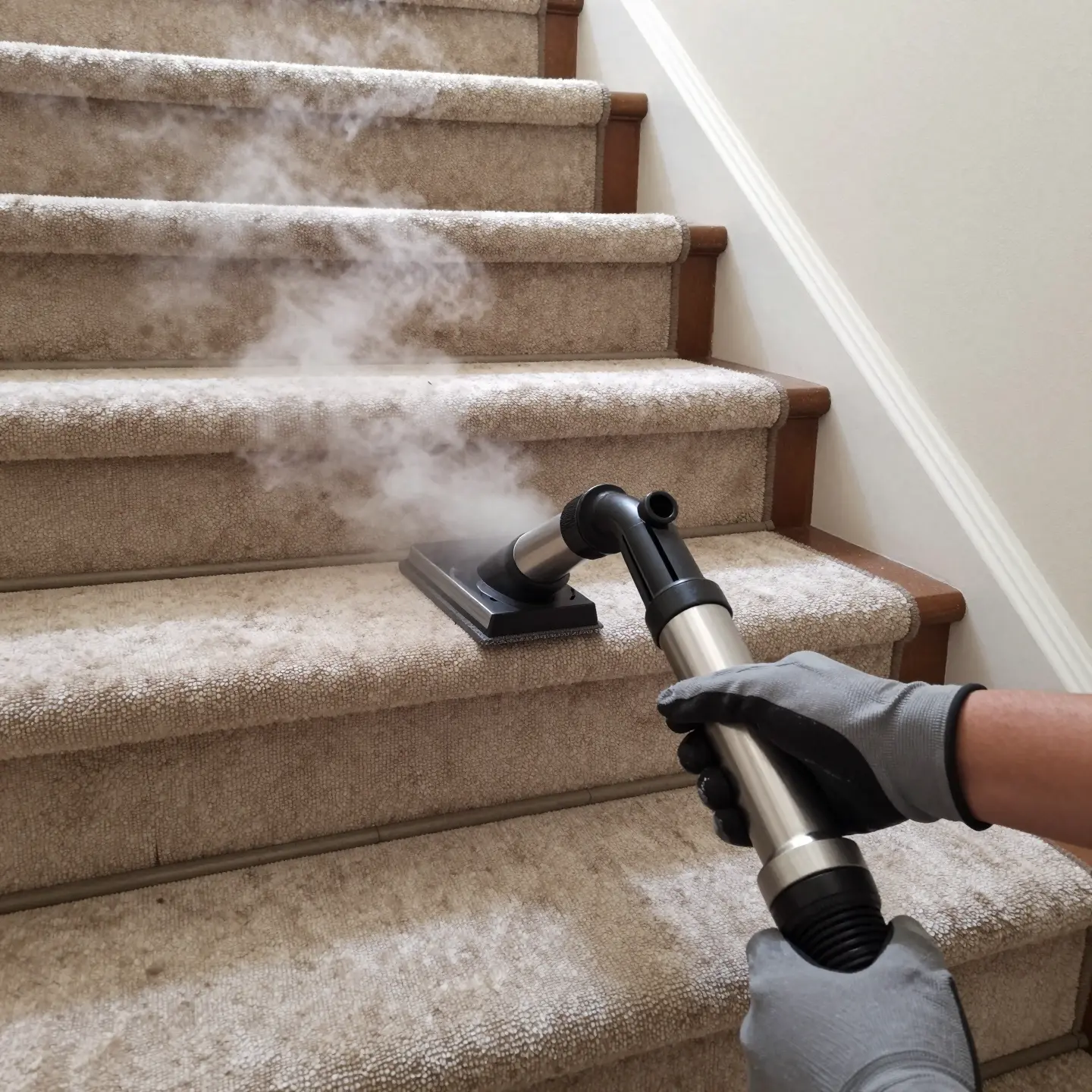 Steam cleaning a carpeted staircase